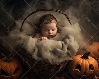 NOUVEAU-NÉ HALLOWEEN Toile de fond numérique, Panier de fumée, Fond de bébé citrouille, Séance photo d’Halloween, Photographie de nouveau-né, Toile de fond de maternité JPG