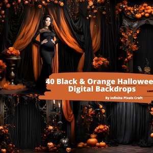 40 Black And Orange Halloween Drapes Digital Backdrops, Maternity Background, Wedding Photo, Photoshop Overlay