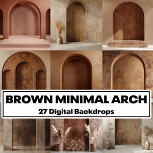 May include: A set of 27 digital backdrops featuring brown arches in various styles and configurations. The backdrops are perfect for product photography or creating a minimalist aesthetic.