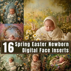 Pode incluir: 16 inserções de rosto digitais para fotos de recém-nascidos. As imagens apresentam bebês em vários cenários com tema de primavera e Páscoa, incluindo uma coroa de flores, um ninho e um campo de flores.