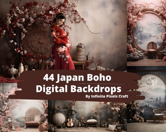 Japan Boho digitale Kulissen, asiatische Themen Overlays (44 PNG-Dateien)