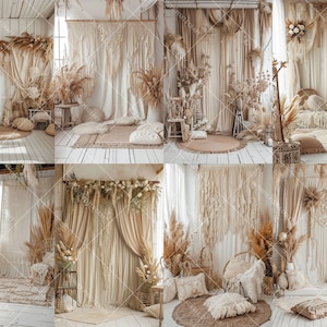 K&ouml;nnte beinhalten: Ein Boho-Hintergrund mit wei&szlig;en und cremefarbenen Vorh&auml;ngen, getrockneten Blumen und Pampasgras. Der Hintergrund ist perfekt f&uuml;r die Fotografie und kann f&uuml;r eine Vielzahl von Veranstaltungen verwendet werden.