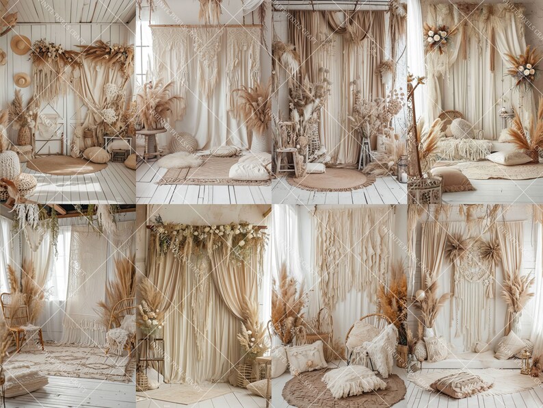 K&ouml;nnte beinhalten: Ein Boho-Hintergrund mit wei&szlig;en und cremefarbenen Vorh&auml;ngen, getrockneten Blumen und Pampasgras. Der Hintergrund ist perfekt f&uuml;r die Fotografie und kann f&uuml;r eine Vielzahl von Veranstaltungen verwendet werden.