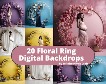 Bagues florales, 20 toiles de fond numériques de maternité, superpositions de textures Photoshop, séance photo de mariage, fond de bague halo de maternité, PNG