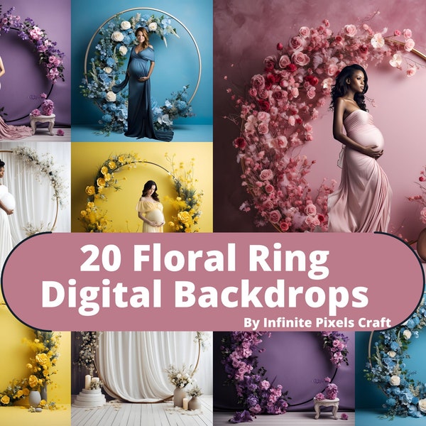 FLORAL RINGS, 20 Fine Art Maternity Digital Backdrops, Photoshop Texture Overlays, Wedding Photoshoot, Maternity Halo Ring Background, PNG