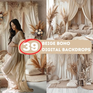 K&ouml;nnte beinhalten: Beige Boho Digital Backdrops mit einer schwangeren Frau, die vor einem Hintergrund mit einem Bett und Kissen im Hintergrund steht. Der Text "39 Beige Boho Digital Backdrops" befindet sich auf dem Bild.