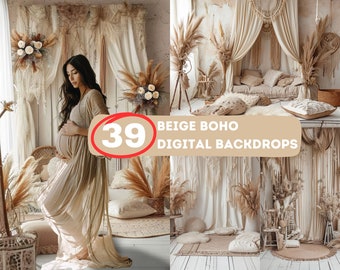 May include: Beige boho digital backdrops with a pregnant woman standing in front of a backdrop with a bed and pillows in the background. The text "39 Beige Boho Digital Backdrops" is on the image.