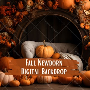 Op de afbeelding: Een digitale achtergrond met een rustieke houten achtergrond, een witte gecapitonneerde bank en een verscheidenheid aan pompoenen en pompoenen in tinten oranje en bruin. De tekst "FALL NEWBORN DIGITAL BACKDROP" is geschreven in een bruin lettertype op een bruine rechthoek.