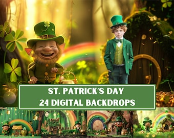 St. Patrick's Day Backdrops, Leprechaun, Rainbow, Clover (Digital Download)