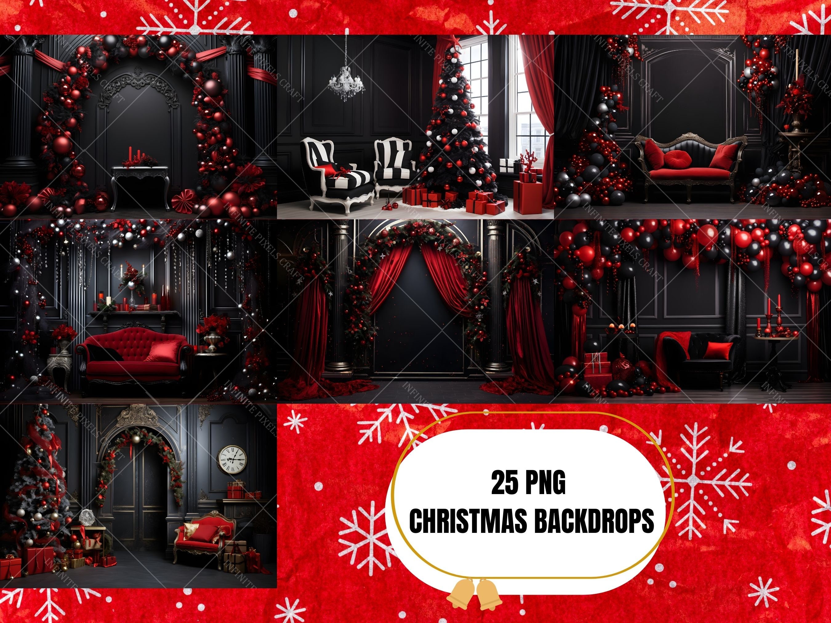 CHRISTMAS DIGITAL BACKDROPS, 25 Vintage Black & Red Christmas