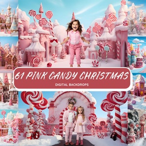 PINK CANDY CHRISTMAS Digital Backdrops, 61 Png Backgrounds Bundle, Kids Photography, Family Holiday Photoshoot, Gingerbread House Overlays