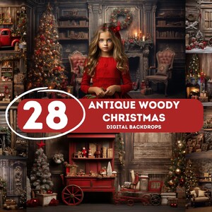 May include: A collage of 28 digital backdrops featuring a rustic, antique Christmas theme. The backdrops include a fireplace, a Christmas tree, a red truck, and various other Christmas decorations. The text "Antique Woody Christmas Digital Backdrops" is displayed on a red banner.