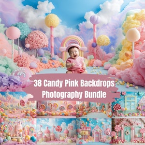 May include: A set of 38 digital backdrops featuring a whimsical candy-themed design with pastel colors, lollipops, and clouds. The backdrops are perfect for newborn, baby, and children's photography.