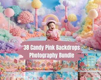 38 CANDY PINK BACKDROPS, Digital Backgrounds Bundle, Newborn Photography, Kids Photoshoot, Sweet Candy Studio, Photoshop Overlay, Download
