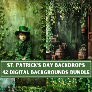 Könnte beinhalten: Ein digitales Hintergrundpaket für den St. Patrick's Day mit 42 grünen Hintergründen mit verschiedenen Texturen und Elementen, darunter Efeu, Holzfässer und ein Koboldhut.