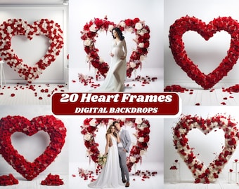 20 FLORAL HEART FRAME Digital Backdrops, Maternity Digital Background, Wedding Photoshoot Overlay, Red Roses Floral Backdrop, Valentine Jpg