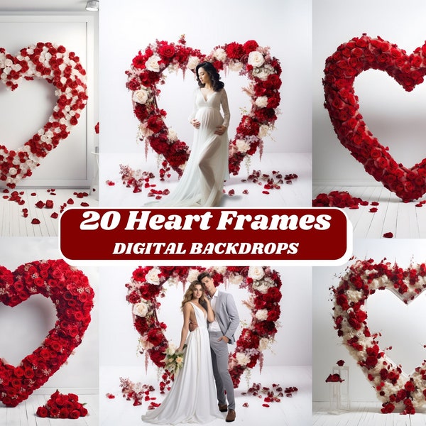 20 fondos digitales FLORAL HEART FRAME, fondo digital de maternidad, superposición de sesión de fotos de boda, fondo floral de rosas rojas, Jpg de San Valentín