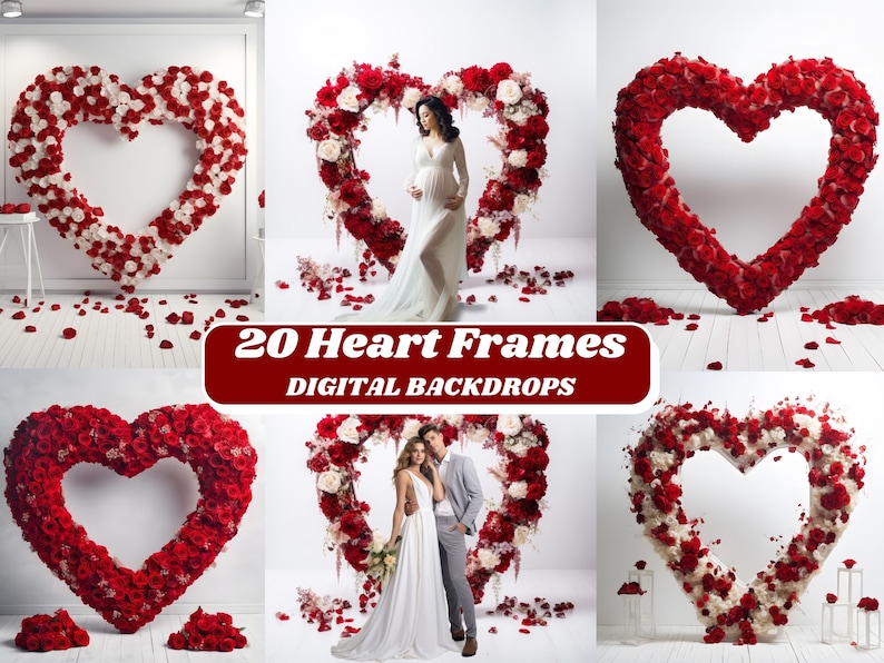 20 FLORAL HEART FRAME Digital Backdrops, Maternity Digital Background, Wedding Photoshoot