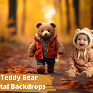 TEDDY BEAR Digital Backdrops, Autumn Background, Fall Nature Scenery, Fall Leaves Forest Path, Kids Photography, Newborn Photoshoot, JPG