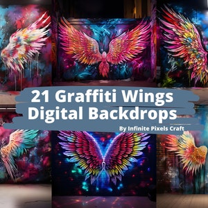 21 GRAFFITI ANGEL WINGS Digital Backdrops, Urban Backdrop, Maternity Background, Vibrant Color Wings, Brick Wall Backdrop, Png Download