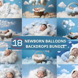 BLUE BALLOONS NEWBORN Bundle, 18 Digital Backdrops, Clouds Baby Shower Backgrounds, Kids Photography, Studio Photoshot Overlay, Png Download