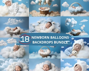 BLUE BALLOONS NEWBORN Bundle, 18 Digital Backdrops, Clouds Baby Shower Backgrounds, Kids Photography, Studio Photoshot Overlay, Png Download