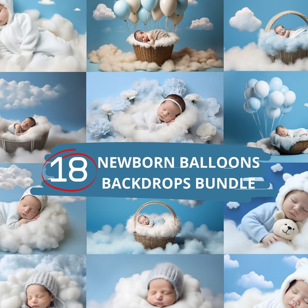 BLAUE BALLOONS NEUGEBORENE Bundle, 18 digitale Hintergründe, Wolken Baby Shower Hintergründe, Kinderfotografie, Studio Photoshot Overlay, Png Download