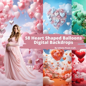 58 Heart Shaped Balloons Digital Backdrops, Valentine&#39;s Day Photography, Maternity Background, Photoshop Overlay, Wedding