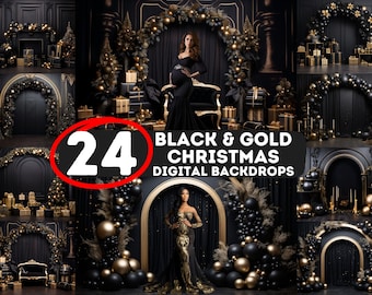 BLACK GOLD CHRISTMAS, 24 Elegant Christmas Backdrops, Digital Backgrounds Bundle, Black Arch, Maternity Backdrop, Family Photoshoot, Png