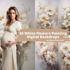 20 White Flowers Painting Digital Backdrop, Maternity Background, Photoshop Overlay