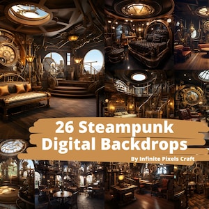 Puede incluir: Una colección de 26 fondos digitales con habitaciones de temática steampunk con detalles intrincados, engranajes y elementos de relojería. Los fondos son perfectos para crear escenas de fantasía o ciencia ficción.