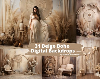 BEIGE BOHO BACKDROPS, 31 Bohemian Maternity Backgrounds, Wedding Overlays, Photoshop Textures, Digital Fine Art, Floral Backdrops, Png Print