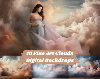 FINE ART CLOUDS, 10 Pastel Maternity Digital Backdrops, Cloudy Sky Backgrounds, Smoke Textures Overlay, Mother Studio Photoshoot, Photoshop