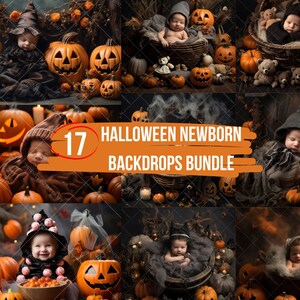 May include: A digital backdrop bundle for newborn photography featuring 17 Halloween-themed scenes with pumpkins, bats, and other spooky elements. The bundle includes a variety of backdrops, including a basket of pumpkins, a spooky forest, and a haunted house.