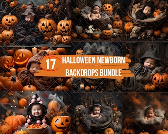 Può includere: Un pacchetto di sfondi digitali per la fotografia di neonati con 17 scene a tema Halloween con zucche, pipistrelli e altri elementi spettrali. Il pacchetto include una varietà di sfondi, tra cui un cesto di zucche, una foresta inquietante e una casa stregata.