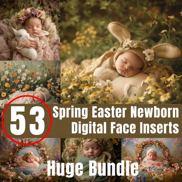 SPRING NEWBORN BACKDROPS, Face Inserts Bundle, 53 Newborn Photography Backgrounds, Spring Field Backdrops, Photoshop Overlays, Baby Shower