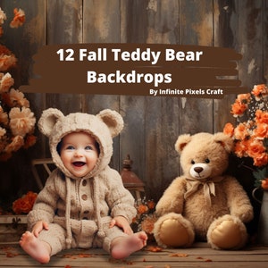 AUTUMN TEDDY BEAR Newborn Digital Backdrops, 12 Fall Kids Photography Background, Autumn Newborn Photoshoot, Orange Fall Colors Backdrop Jpg