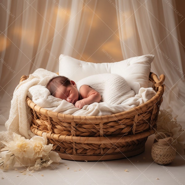 NEWBORN BASKET Digital Backdrop, Baby Shower Background, Newborn Photography, Baby Photoshoot Portrait, Fall Backdrop, White Pillow, JPG