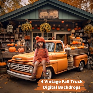AUTUMN ORANGE TRUCK Digital Backdrops, 4 Vintage Trucks, Fall Pumpkins Background, Fall Foliage Photography, Autumn Scenery Backdrop, Jpg