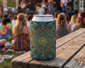 Teal Turquoise Orange Silver Mandala Can Cooler Concert Drink Holder Festival Survival Kit Essentials