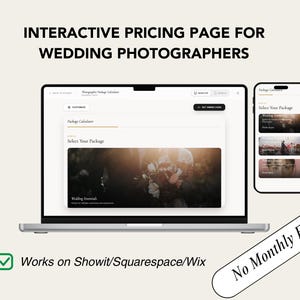 Puede incluir: Un portátil y un smartphone muestran una página de precios interactiva para fotógrafos de bodas. La pantalla del portátil muestra una calculadora de paquetes con una foto. El smartphone muestra opciones de paquetes. El texto incluye "Interactive Pricing Page".