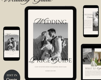 May include: A digital wedding guide displayed on a tablet and smartphones. The guide features the text "Wedding Price Guide" with a black and white photo of a couple kissing. The words "Edit in Canva" are also visible.