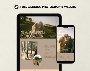 May include: Website screenshot showing a wedding photographer's homepage. The website features a couple embracing in a woodland setting, a welcome message, and the text "Nevada Wedding Photographer".