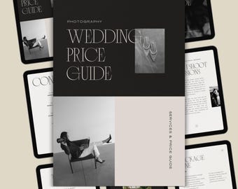 Modello Canva per la guida ai prezzi dei fotografi di matrimoni moderni, pacchetto di benvenuto per i clienti.
