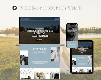 May include: A wedding photography website design shown on a laptop, tablet, and smartphone. The site uses a light blue and white colour scheme, with images of couples and the text "FOR THOSE DOWN FOR THE ROMANTIC, candid, INTIMATE photos."
