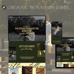 Könnte beinhalten: Ein Website-Design-Mockup mit einem Laptop, Tablet und Smartphone, das eine Fotografie-Website präsentiert. Das Thema der Website ist romantisch und intim, mit dem Text "FOR THOSE DOWN FOR THE ROMANTIC, candid, INTIMATE photos". Die Website enthält auch den Text "LET'S DOCUMENT your love story".