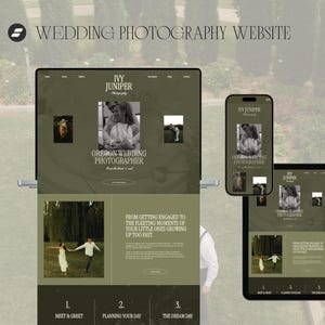 May include: A website design template for a wedding photography business named Ivy Juniper, displayed on a desktop monitor, a smartphone, and a tablet. The dark olive green interface features photography portfolios, text, and navigation menus.