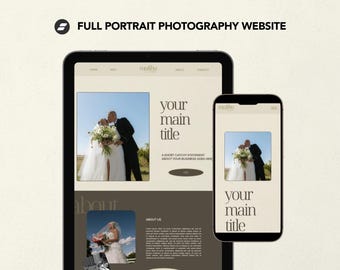 Könnte beinhalten: Ein Website-Mockup für ein Portraitfotografie-Unternehmen. Die Website hat einen hellbraunen Hintergrund mit einer dunkelbraunen Kopf- und Fußzeile. Die Kopfzeile enthält den Firmennamen "madi" und eine Navigationsleiste mit Links zu "Startseite", "Über uns" und "Kontakt". Der Hauptinhaltsbereich zeigt ein großes Bild eines Paares in Hochzeitskleidung, mit dem Text "Ihr Haupttitel" über dem Bild. Der Text "Ein kurzer, einprägsamer Satz über Ihr Unternehmen gehört hierhin" befindet sich unter dem Bild. Die Fußzeile enthält den Text "Über uns" und einen Link zu den Social-Media-Seiten des Unternehmens.
