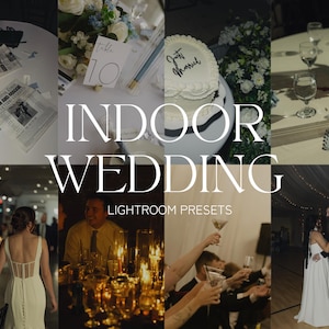 Pode incluir: Uma colagem de imagens mostrando um casamento em ambiente fechado. As imagens incluem um bolo de casamento, arranjos de mesa, um casal dançando e convidados brindando. A sobreposição de texto diz "INDOOR WEDDING LIGHTROOM PRESETS."