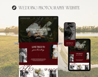 May include: A wedding photography website design displayed on a laptop, tablet, and smartphone. The website features images of couples and text that reads "For those down for the romantic, candid, intimate photos." The website has a burgundy and white color scheme.